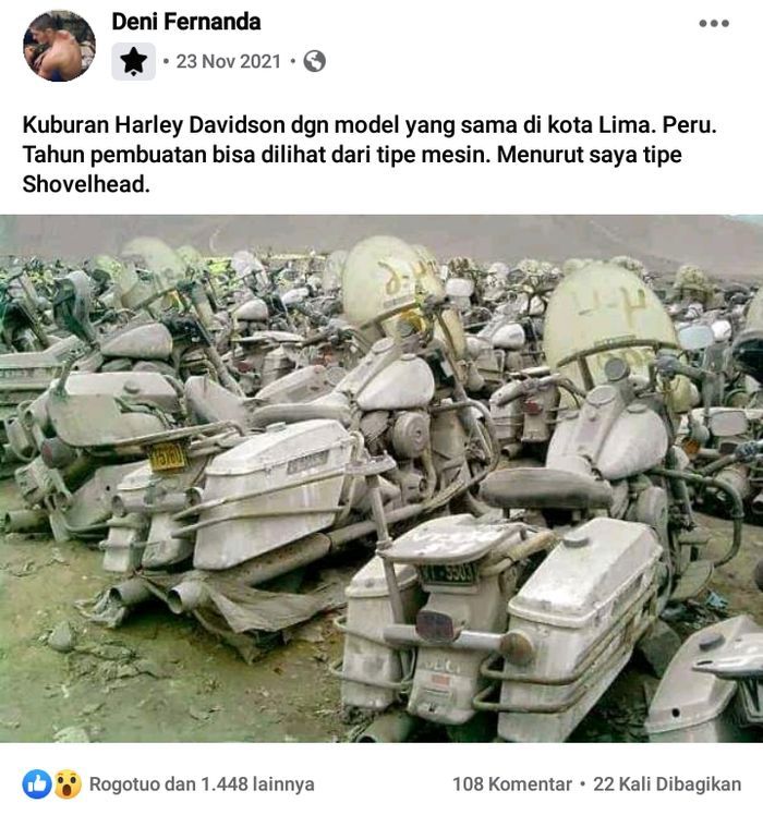 tangkap layar unggahan Deni Feranda soal kuburan motor Harley-Davidson.