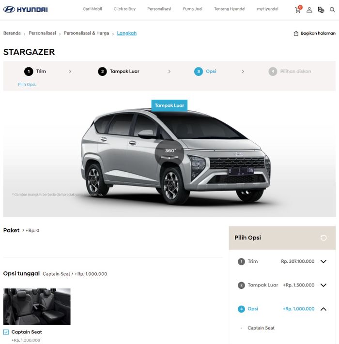 Daftar opsi ekstra untuk Hyundai Stargazer, mau captain seat harus nombok Rp 1 juta.