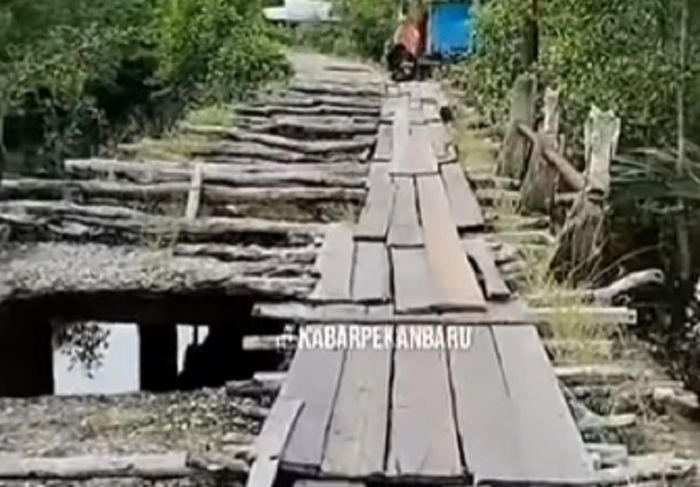 Kondisi jembatan banyak lubang yang berada di Indragiri Hilir, Riau, Pekanbaru