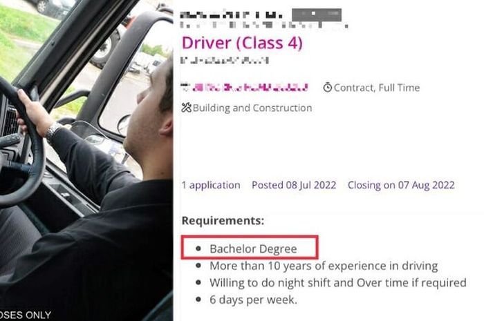 nformasi lowongan pekerjaan sebagai sopir truk di Singapura yang mensyaratkan gelar sarjana ini dilaporkan viral di media sosial.