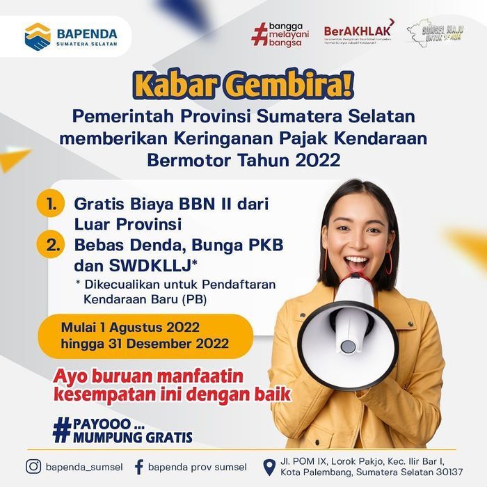 Program pemutihan pajak kendaraan di Sumatera Selatan mulai 1 Agustus 2022, gratis biaya BBN II.