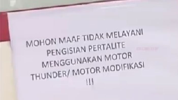 Tangkapan layar peringatan pengelola SPBu buat pemilik Suzuki Thunder.