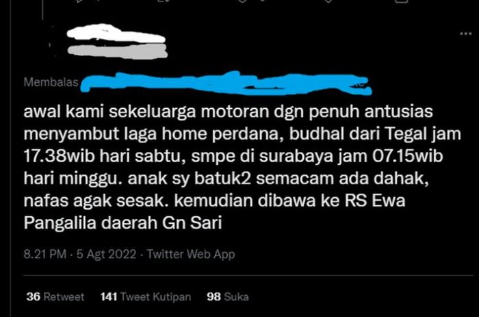 Tangkapan layar unggahan warganet yang menceritakan bayinya meninggal setelah diajak bepergian dari Tegal ke Surabaya menggunakan sepeda motor pada Sabtu (30/7/2022).
