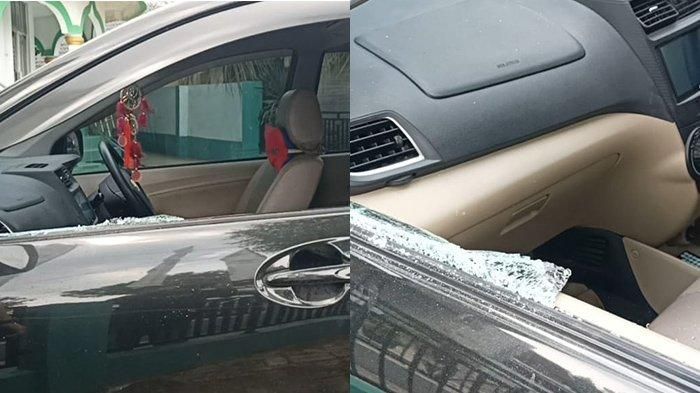 Kondisi kaca pintu Toyota Avanza yang dipecah maling untuk mengambil uang tunai Rp 120 juta di Kalianda, Lampung Selatan, Lampung