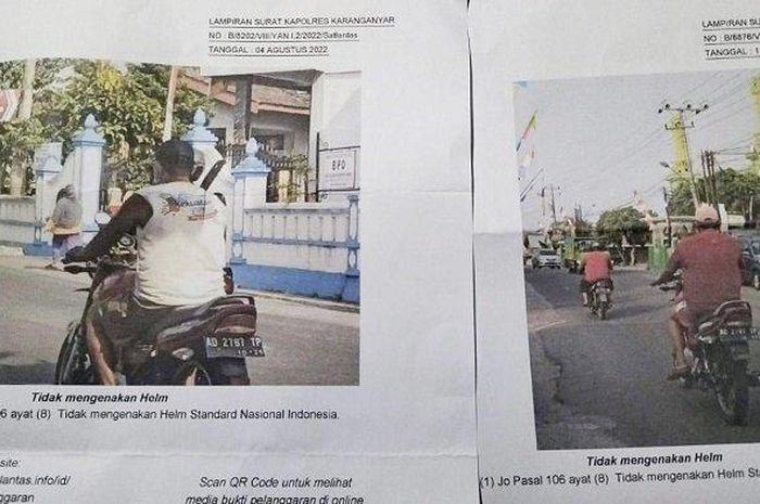 Pengendara tak memakai helm mendapatkan 'surat cinta' di Jalan Tugu Boto, di Desa Klodran, Kecamatan Colomadu, Kabupaten Karanganyar. Di mana jalan tersebut adalah jalan perkampungan.