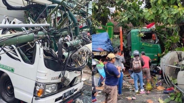 Kondisi truk trailer yang menghantam halte dan tiang komunikasi di Jl Sultan Agung, Kota Baru, kota Bekasi, Jawa Barat, (31/8/22)