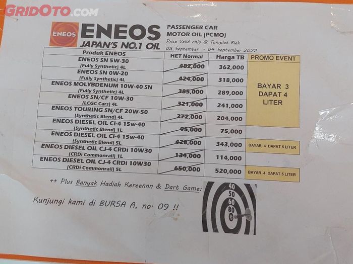 Diskon oli Eneos di Otobursa Tumplek Blek 2022.