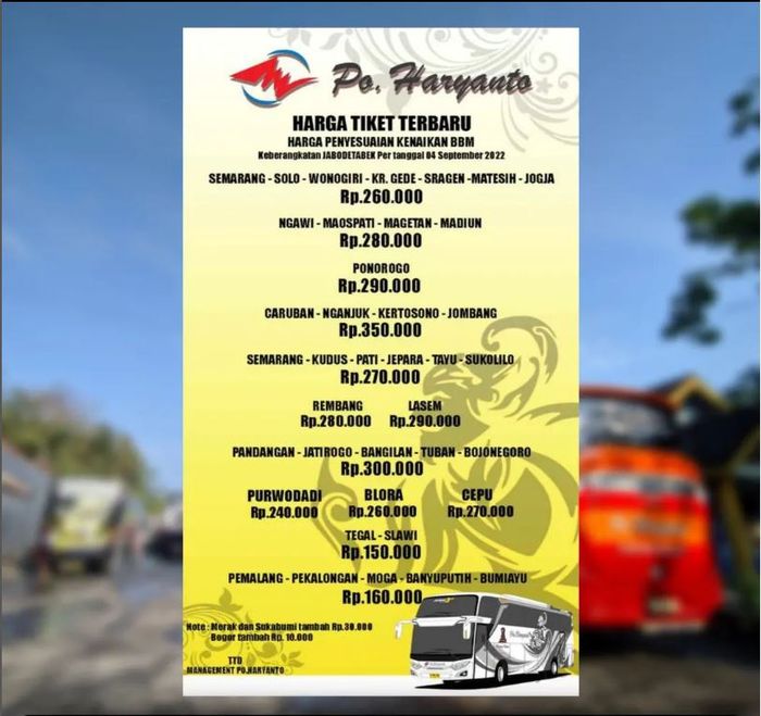 Info kenaikan tarif tiket bus PO Haryanto
