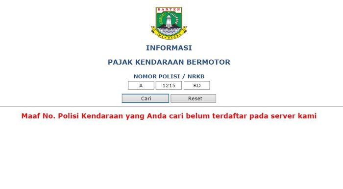 Data pelat hitam di Toyota Camry yang dicek di situs pajak Provinsi Banten.