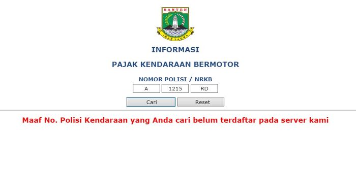 Data pelat hitam di Toyota Camry yang dicek di situs pajak Provinsi Banten.