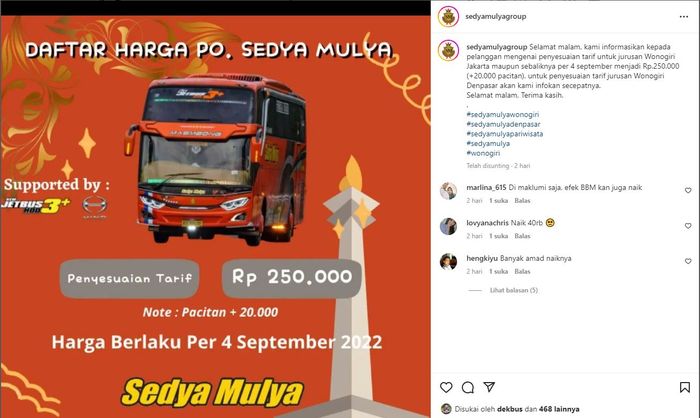 Info kenaikan tarif bus PO Sedya Mulya