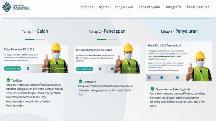 Tangkap layar laman www.kemnaker.go.id, untuk Cek Penerima BLT BPJS Ketenagakerjaan 2022. 