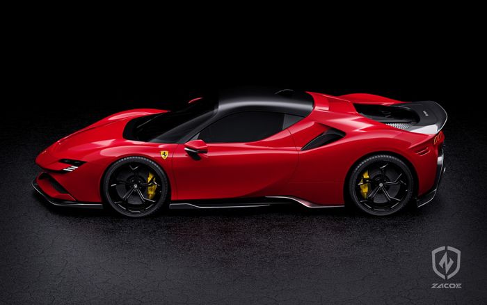 Tampilan samping modifikasi Ferrari SF90 Stradale agresif ulah Zacoe Design