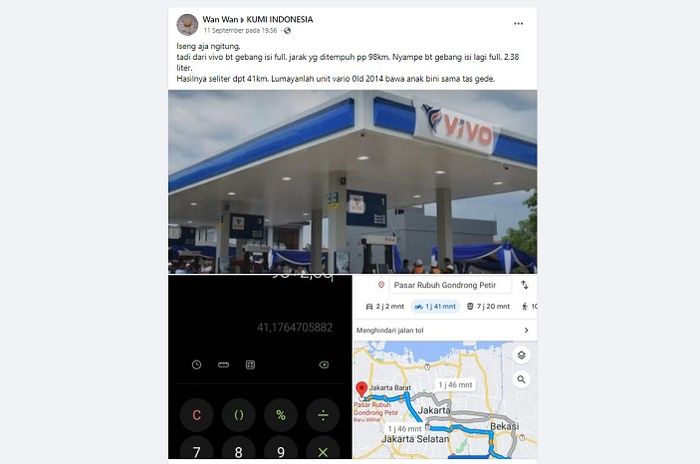 Akun Facebook Wan Wan klaim bensin Revvo 89 lebih irit, Honda Vario 2014 bisa tembus 41 km/liter.