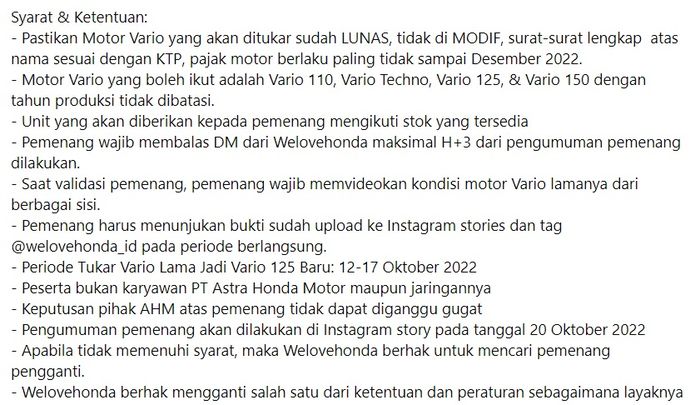 Syarat dan ketentuan program tukar Honda Vario lama jadi New Honda Vario 125 secara gratis dari AHM.