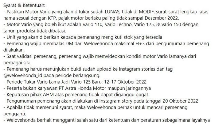 Syarat dan ketentuan program tukar Honda Vario lama jadi New Honda Vario 125 secara gratis dari AHM.
