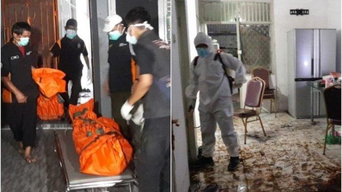 Petugas PMI dan kepolisian menyemprot disinfektan dan menabur kopi di beberapa sudut rumah tempat penemuan satu keluarga tewas di Kalideres, tepatnya di Perumahan Citra Garden I, Jakarta Barat disemprot cairan disinfektan pada Sabtu (12/11/2022) malam. 