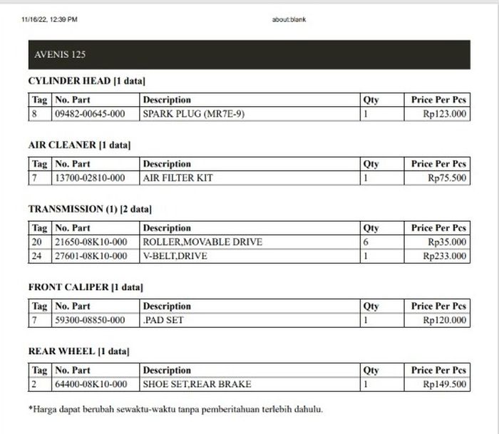 Harga spare part fast moving Suzuki Avenis 125