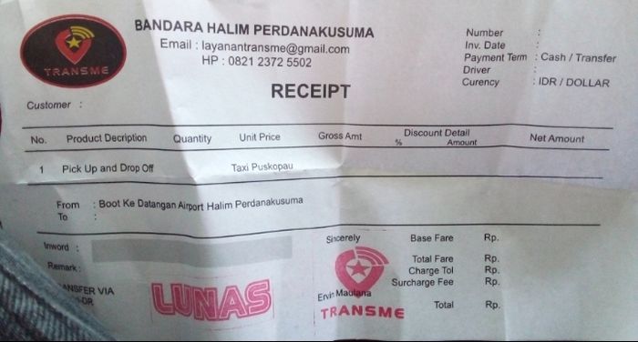 Kuitansi taksi Puskopau di Bandara Halim Perdana Kusuma
