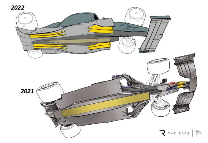 Perbedaan bentuk kolong mobil F1 2022 dan 2021