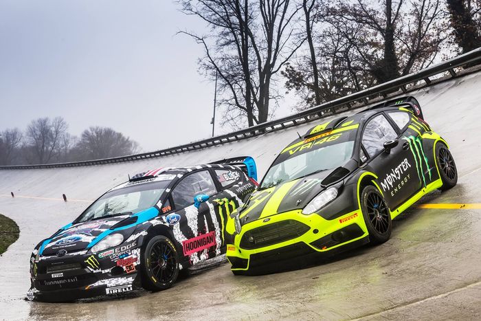Mobil Valentino Rossi dan Ken Block disejajarkan di Monza Rally 2014