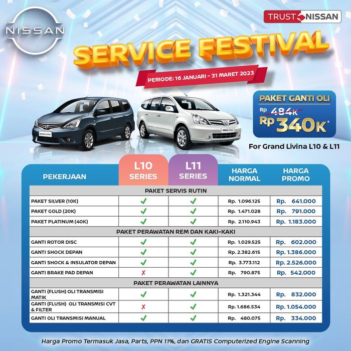 Detail dan harga promo paket servis Nissan Grand Livina L10 dan L11 selama Nissan Service Festival.