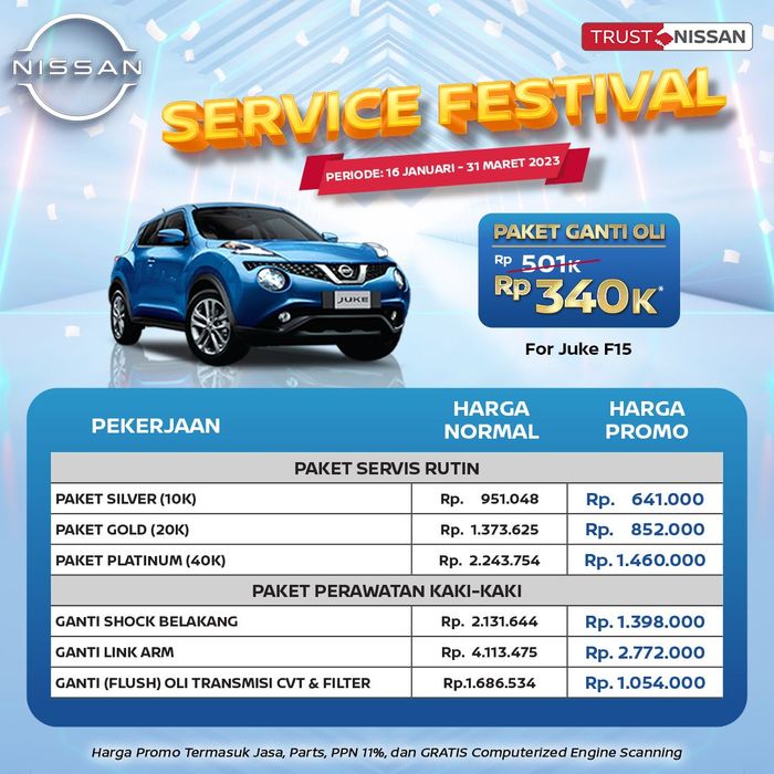 Detail dan harga promo paket servis Nissan Grand Juke F15 selama Nissan Service Festival.