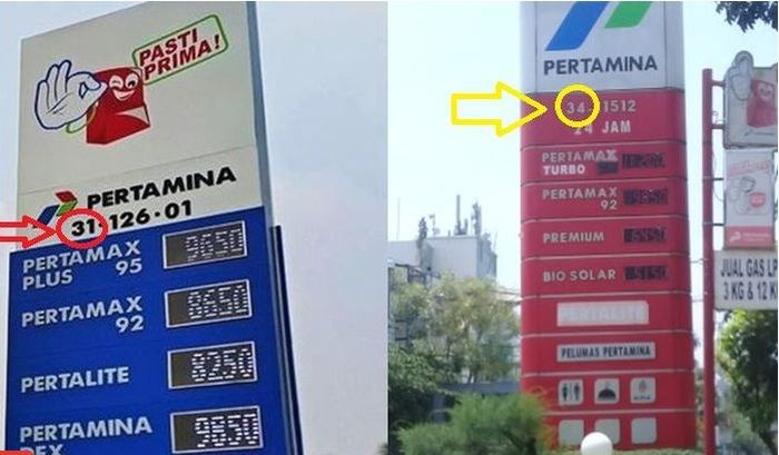contoh kode angka 31 dan 34 yang ada di plang SPBU Pertamina.