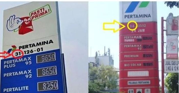 Contoh kode SPBU Pertamina yang terpampang di plang pom bensin, ada yang berkode 31 dan 34.