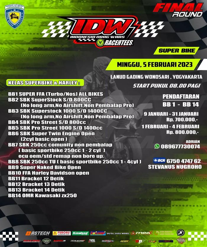 Daftar kelas dan kategori event drag superbike di ajang IDW Racertees 2022-2023.