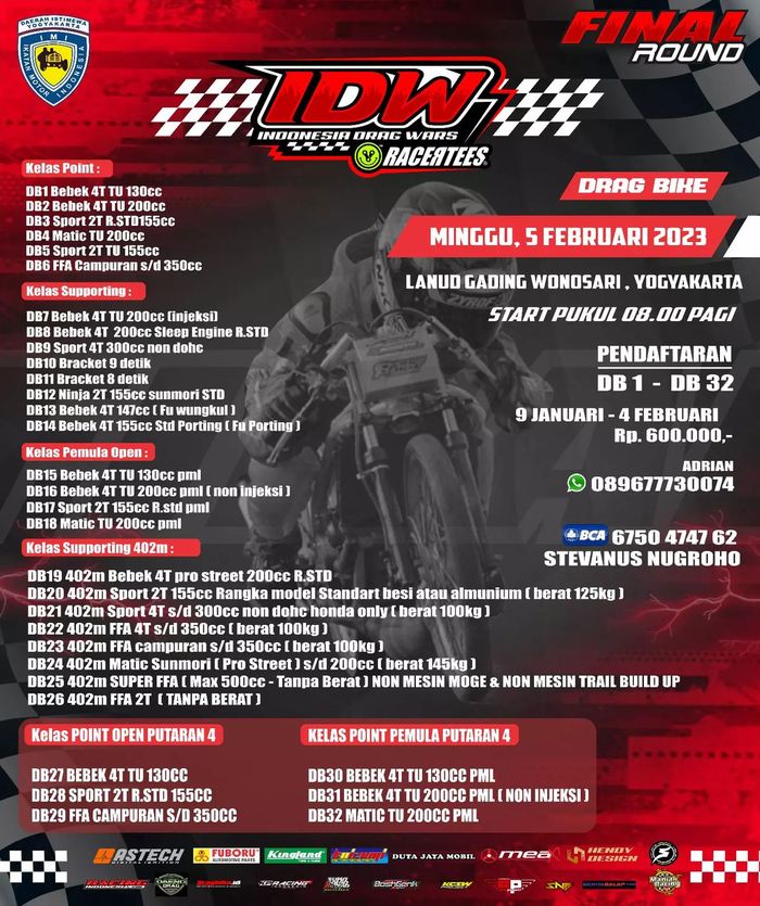 Daftar kelas dan kategori event drag bike di ajang IDW Racertees 2022-2023.