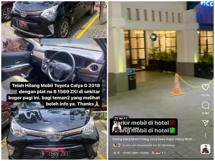 Toyota Calya milik Chris Ryan hilang di parkir lobi hotel di kawasan Bogor, Jawa Barat.