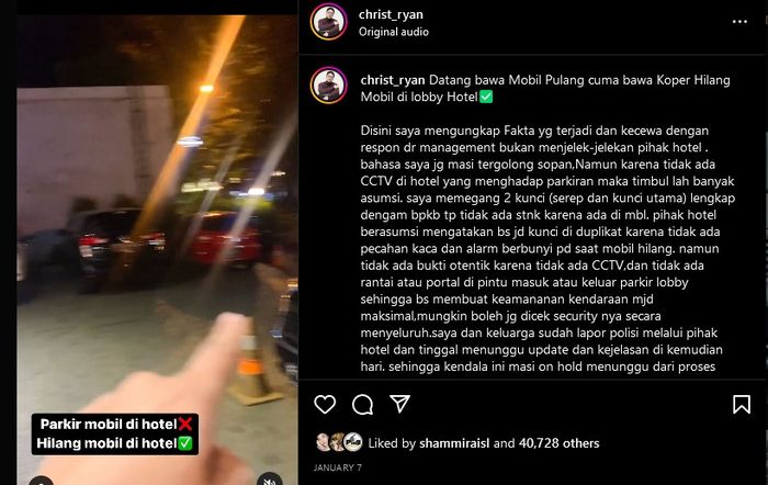 Postingan Chris Ryan terkait Toyota Calya miliknya yang hilang di hotel kawasan Bogor, Jawa Barat.