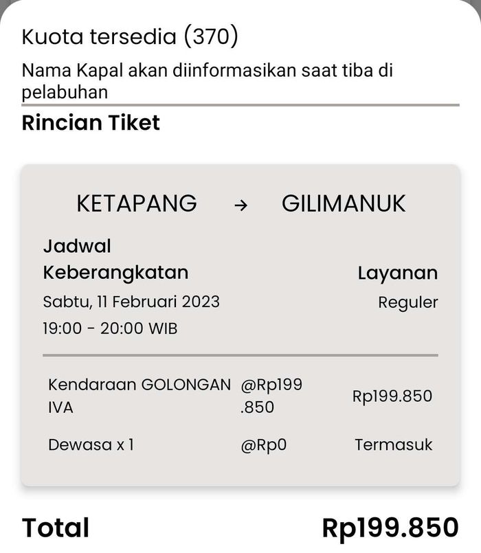Harga tiket Ketapang - Gilimanuk untuk mobil adalah Rp 199.850 sebelum biaya admin.