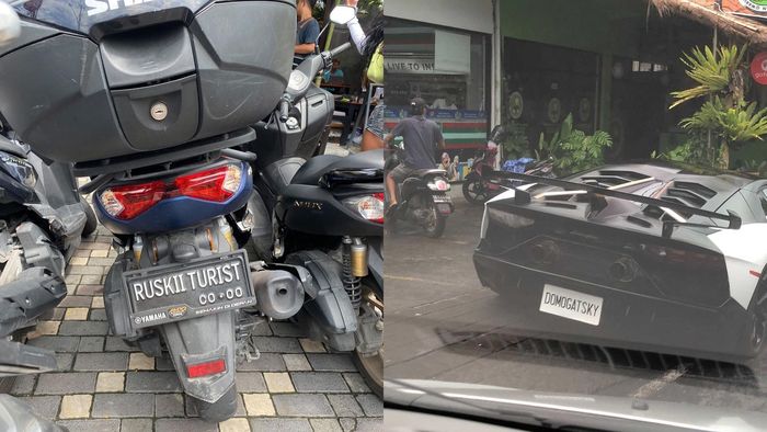 Contoh Yamaha NMAX dan Lamborghini Aventador yang ketahuan pakai pelat palsu di Bali.