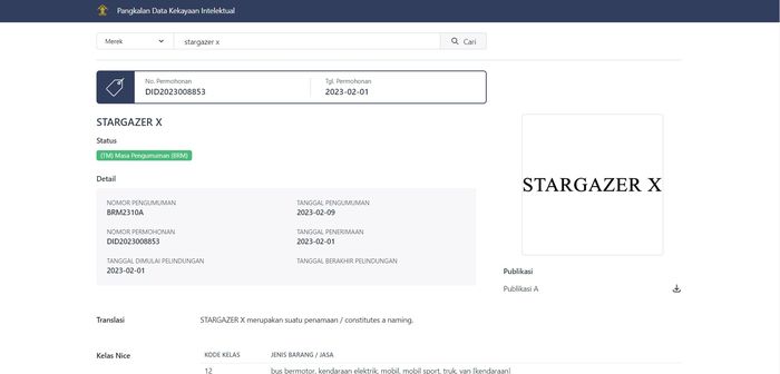 Tangkapan layar registrasi nama Stargazer X di laman Pangkalan Data Kekayaan Intelektual (PDKI).