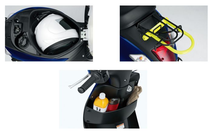 Suzuki Let's punya bagasi yang bisa menampung helm full face, rak besi belakang, dan ruang penyimpanan di dek depan.