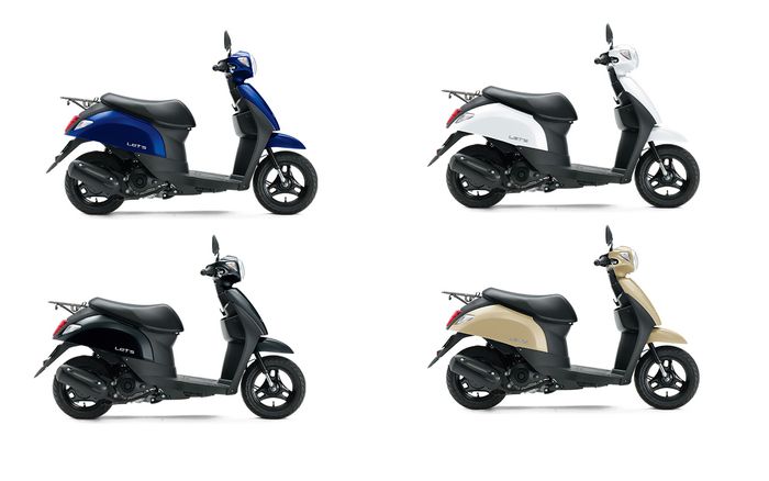 detail tampilan Suzuki Let's yang terdiri dari Parsec Blue, Sandy Beige, Bravod Black, dan Solid Spacial White.