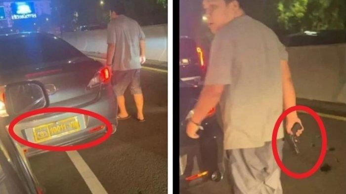 Viral aksi pengemudi mobil pelat dinas polisi todongkan driver taksi online pakai pistol.