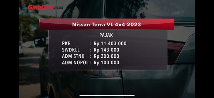 Total pajak tahunan Nissan Terra VL 4x4 2023