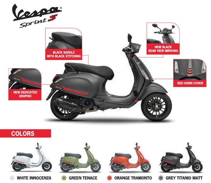 Vespa Sprint S dengan aksen merah yang lebih sporty