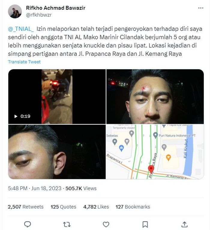 Thread Twitter pengemudi Honda Jazz ngaku dianiaya 5 orang diduga anggota TNI AL di simpang pertigaan antara Jl Prapanca Raya dan Jl Kemang Raya