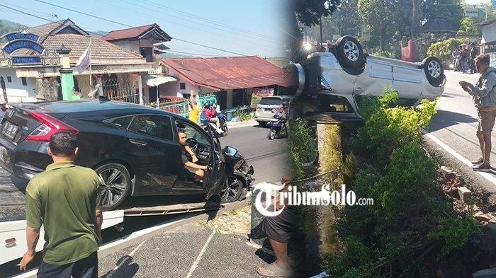 Honda Civic Turbo dievakuasi truk towing usai bikin Daihatsu Terios terbalik di jalan Solo-Tawangmangu