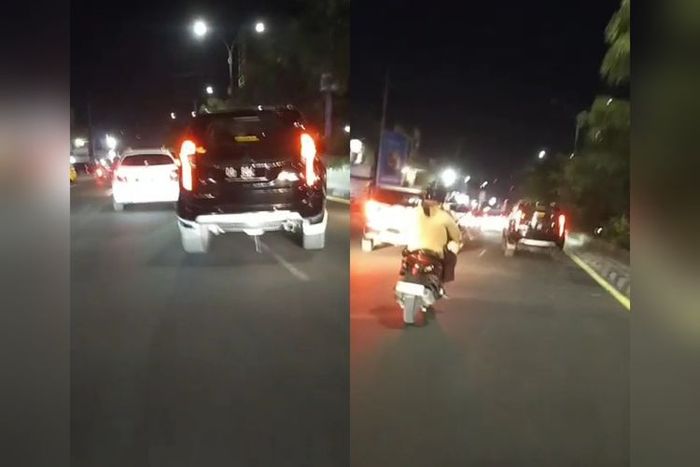 Rekaman video Mitsubishi Pajero Sport berpelat palsu milik anggota Dewa ugal-ugalan di jalanan kota Makassar pakai strobo
