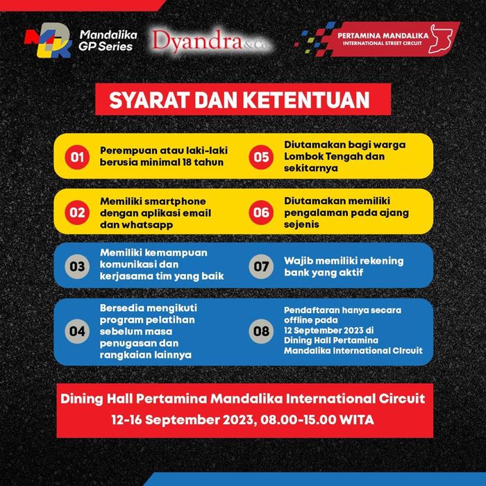 Syarat dan ketentuan jadi relawan atau volunteer MotoGP Indonesai 2023.