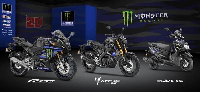 tiga produk Yamaha India yang mendapatkan livery Monster Energy MotoGP Edition, yakni R15, MT-15 dan Ray ZR.