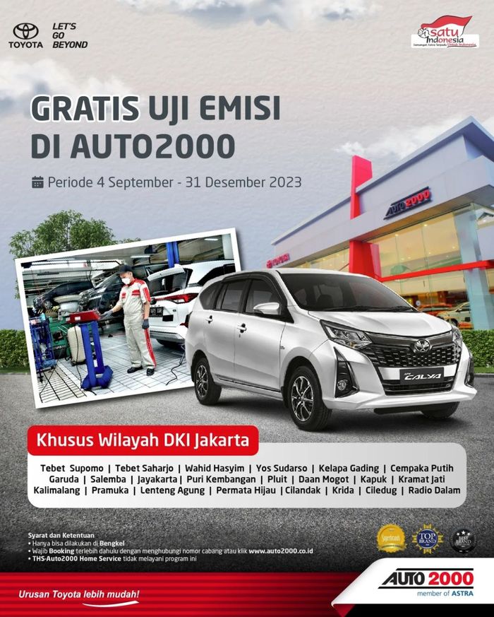 Flyer uji emisi gratis dari Auto2000 yang diunggah di media sosial, telihat syarat dan ketentuan dimuat kecil di pojok kiri bawah.