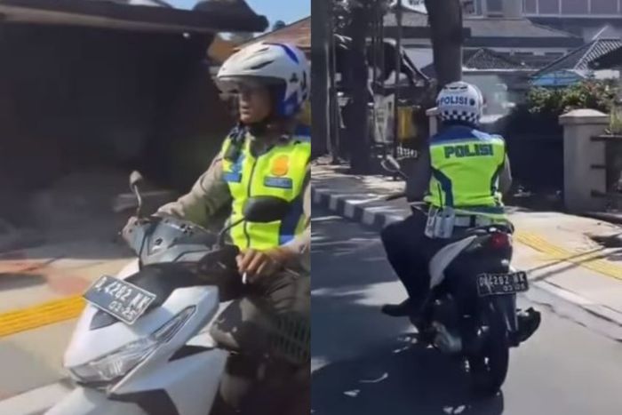 Keciduk, polisi merokok sambil mengendarai motor Honda Vario di Lembang.