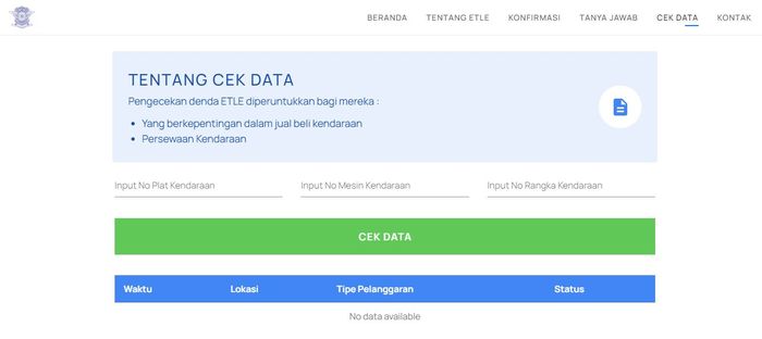 tampilan halaman cek data tilang elektronik.