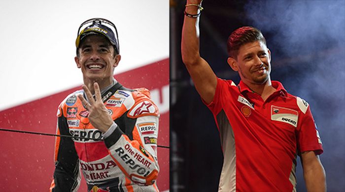 Marc Marquez (kiri) jadi orang ketiga juara dunia MotoGP naik motor MotoGP Ducati, Casey Stoner (kanan) orang paling cemerlang naik motor Ducati Desmosedici GP 